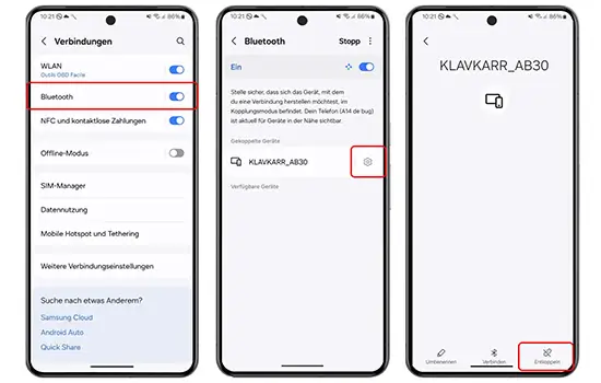 Die Einstellungen zum Verbinden des klavkarr 310