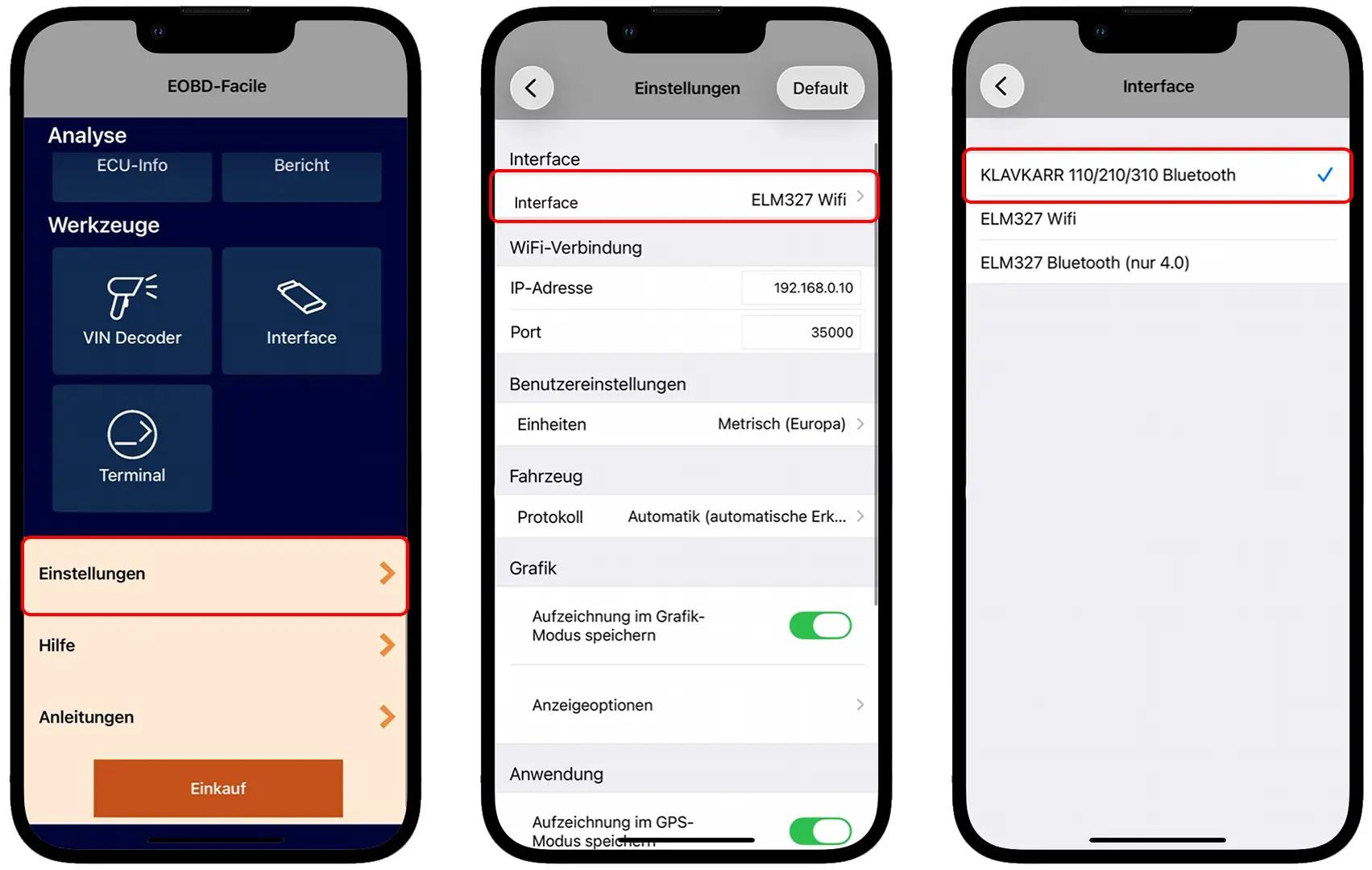 Änderung der Schnittstelleneinstellungen in der EOBD-Facile-App
